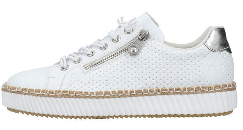 White perforated sneaker with side zipper and jute trim.