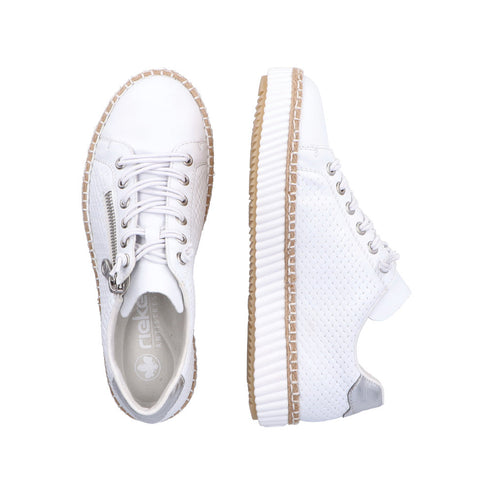 Overhead view of two white casual sneakers with zippers and light brown stitching around the soles.