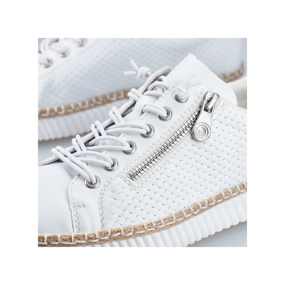 White sneaker with side zipper and woven sole detail.