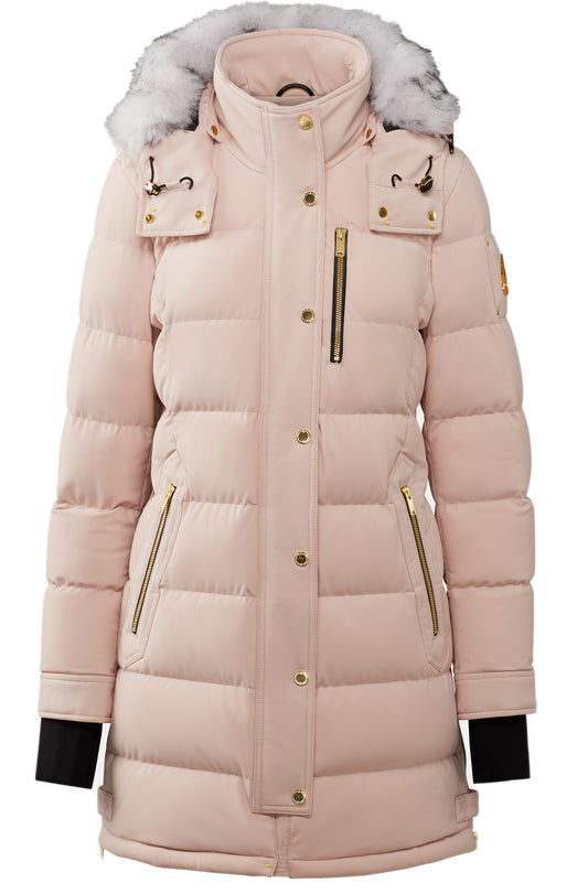 A light pink down puffer coat with a fur-trimmed hood and gold zippers and buttons.