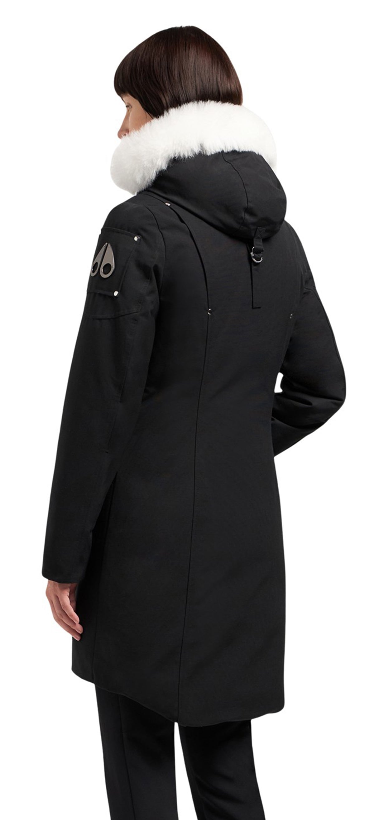 A black parka with a white fur-lined hood.