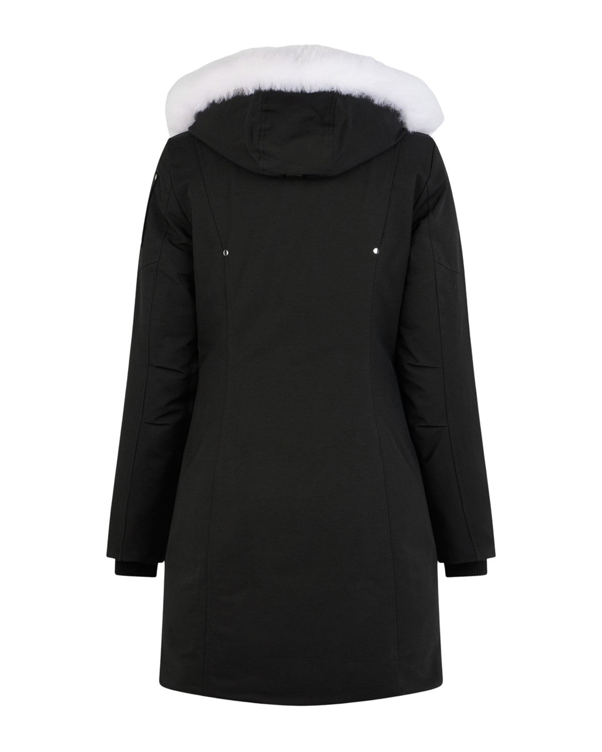 Back view of a black hooded parka with white fur trim.