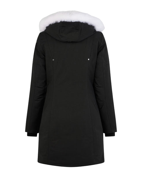 Back view of a black hooded parka with white fur trim.