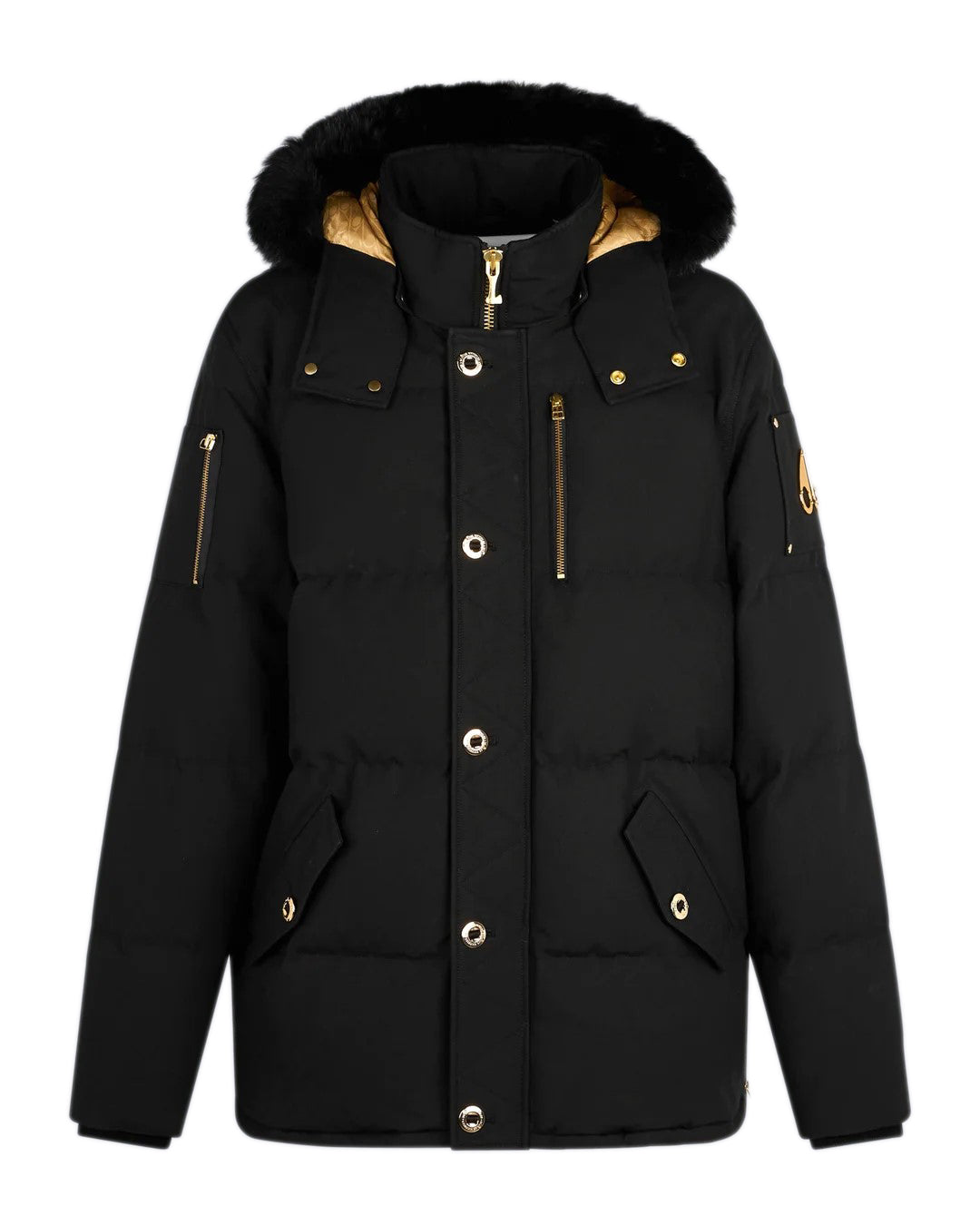 Black puffer jacket with a fur-trimmed hood, gold-colored zippers and buttons.