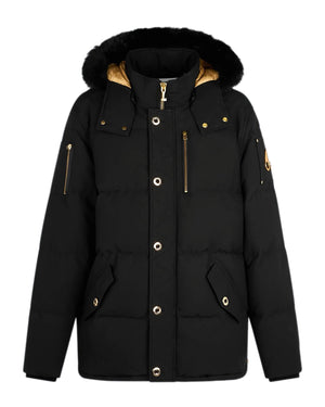 Black puffer jacket with a fur-trimmed hood, gold-colored zippers and buttons.