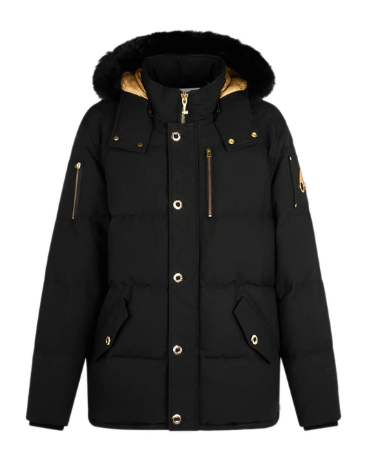 Black puffer jacket with a fur-trimmed hood, gold-colored zippers and buttons.