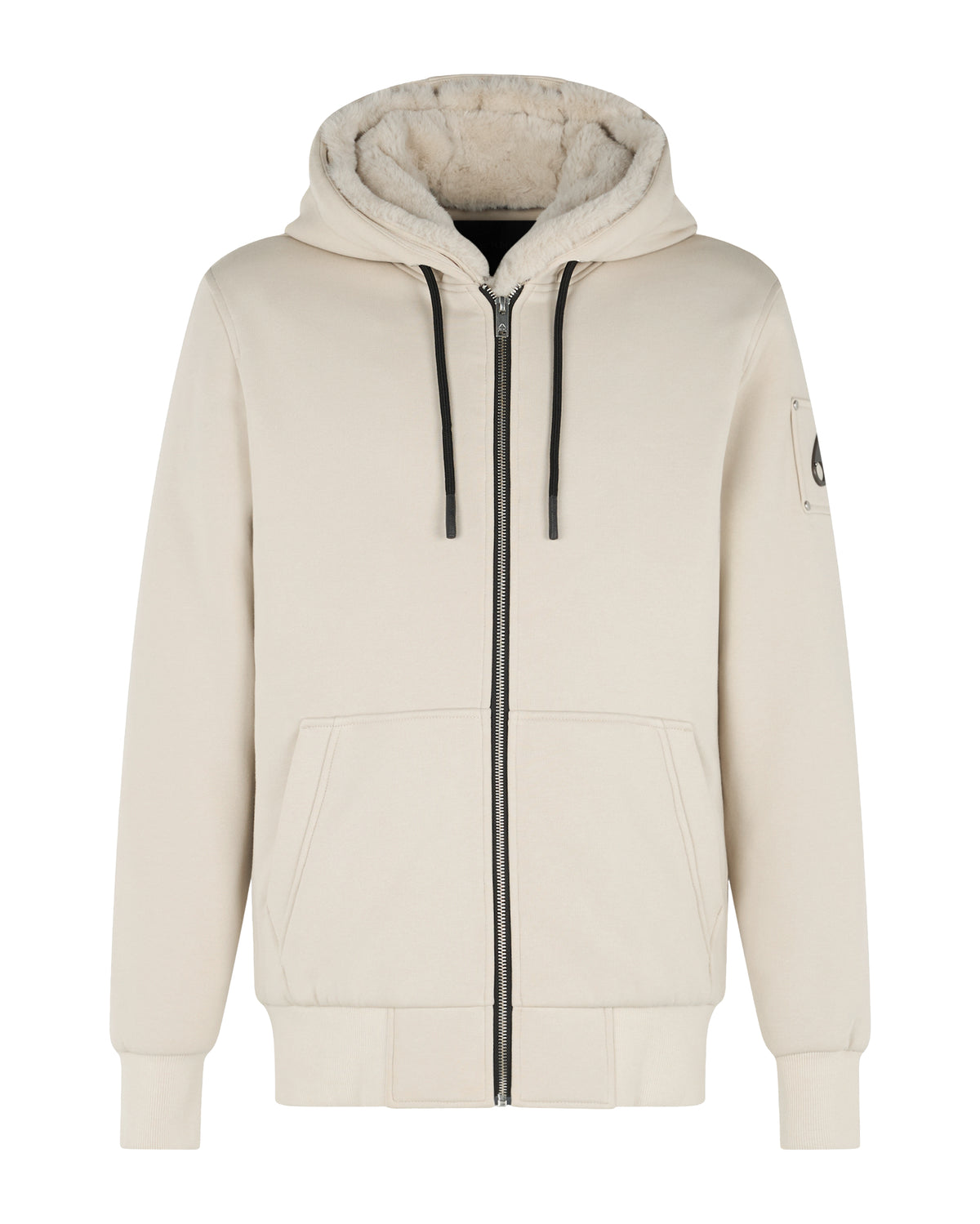 Beige hooded sweatshirt with a zipper closure, two pockets, and a logo patch on the sleeve.