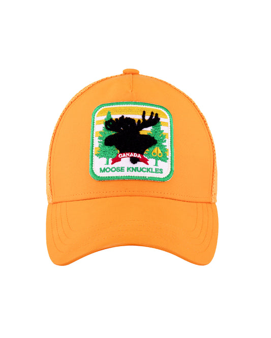 Orange trucker hat with moose patch that says "CANADA MOOSE KNUCKLES"