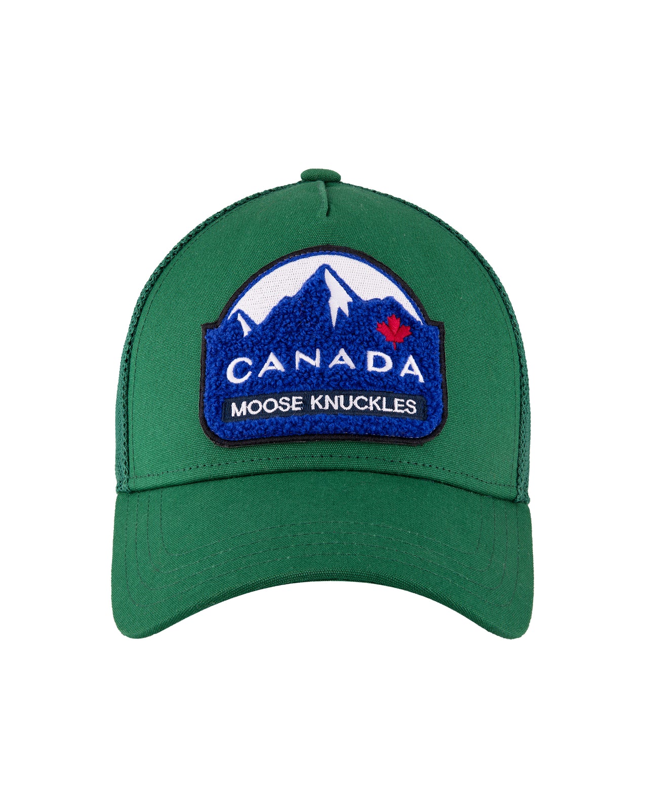Green trucker hat with a patch of a mountain range, the word CANADA, and a maple leaf.