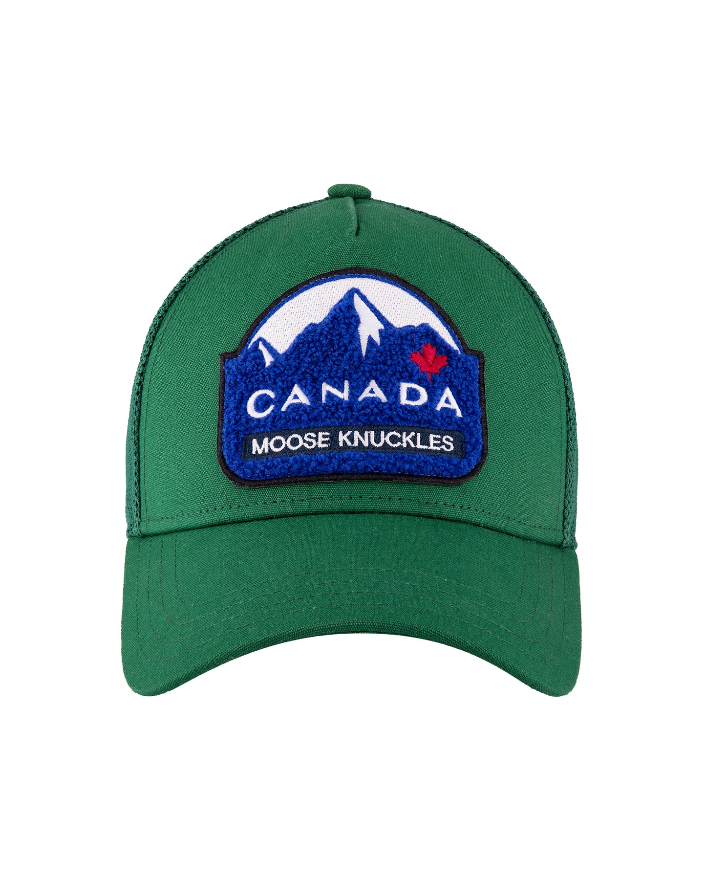 Green trucker hat with a patch of a mountain range, the word CANADA, and a maple leaf.