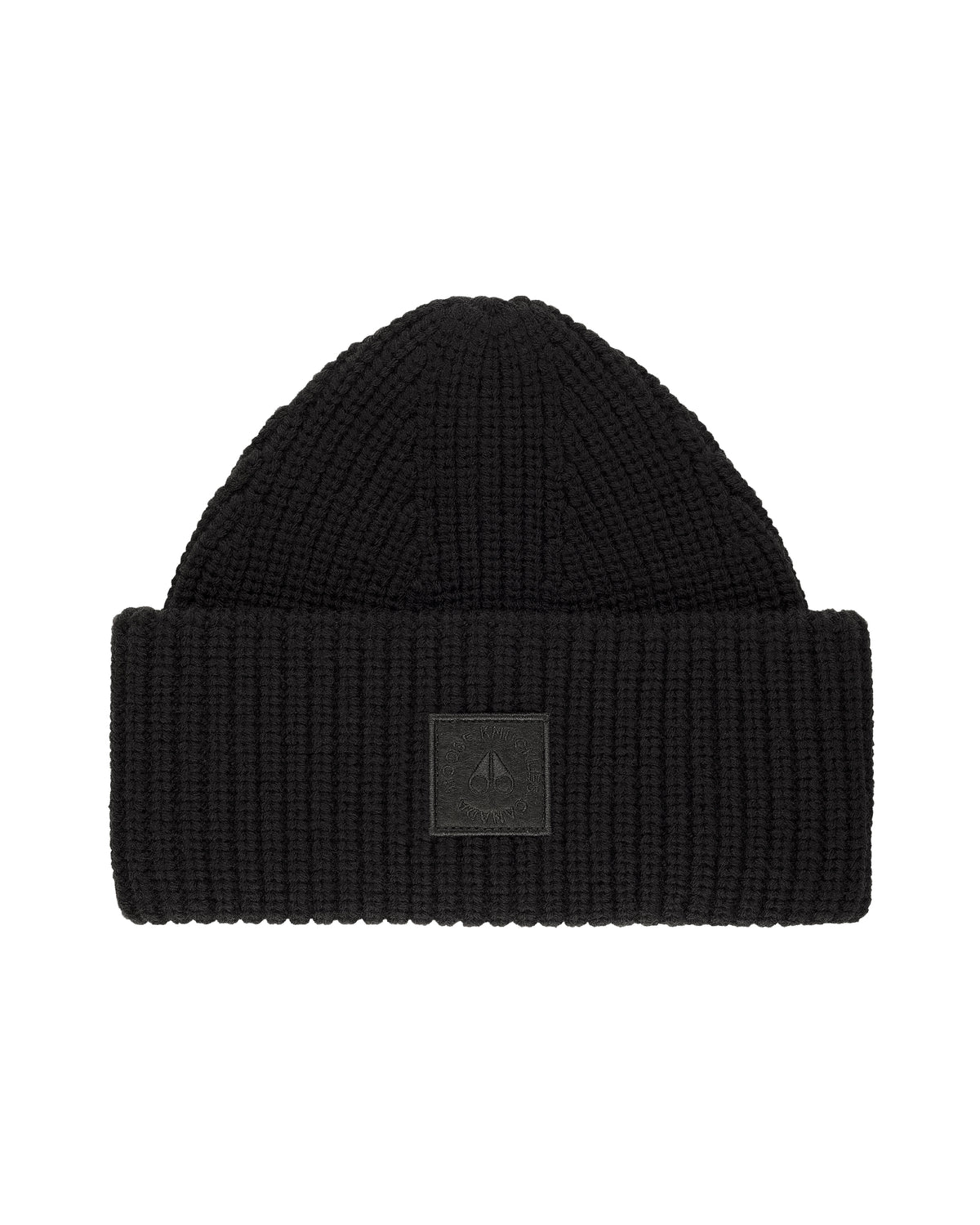 Black knit beanie with leather logo patch.