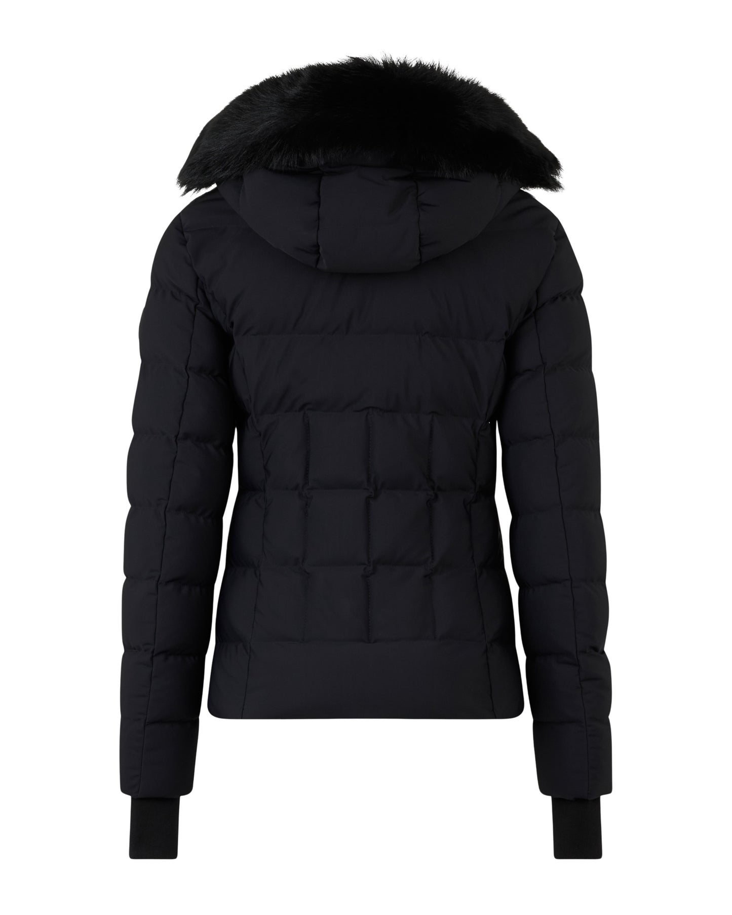Back view of a black quilted down jacket with a hood and black fur trim.