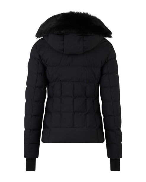 Back view of a black quilted down jacket with a hood and black fur trim.