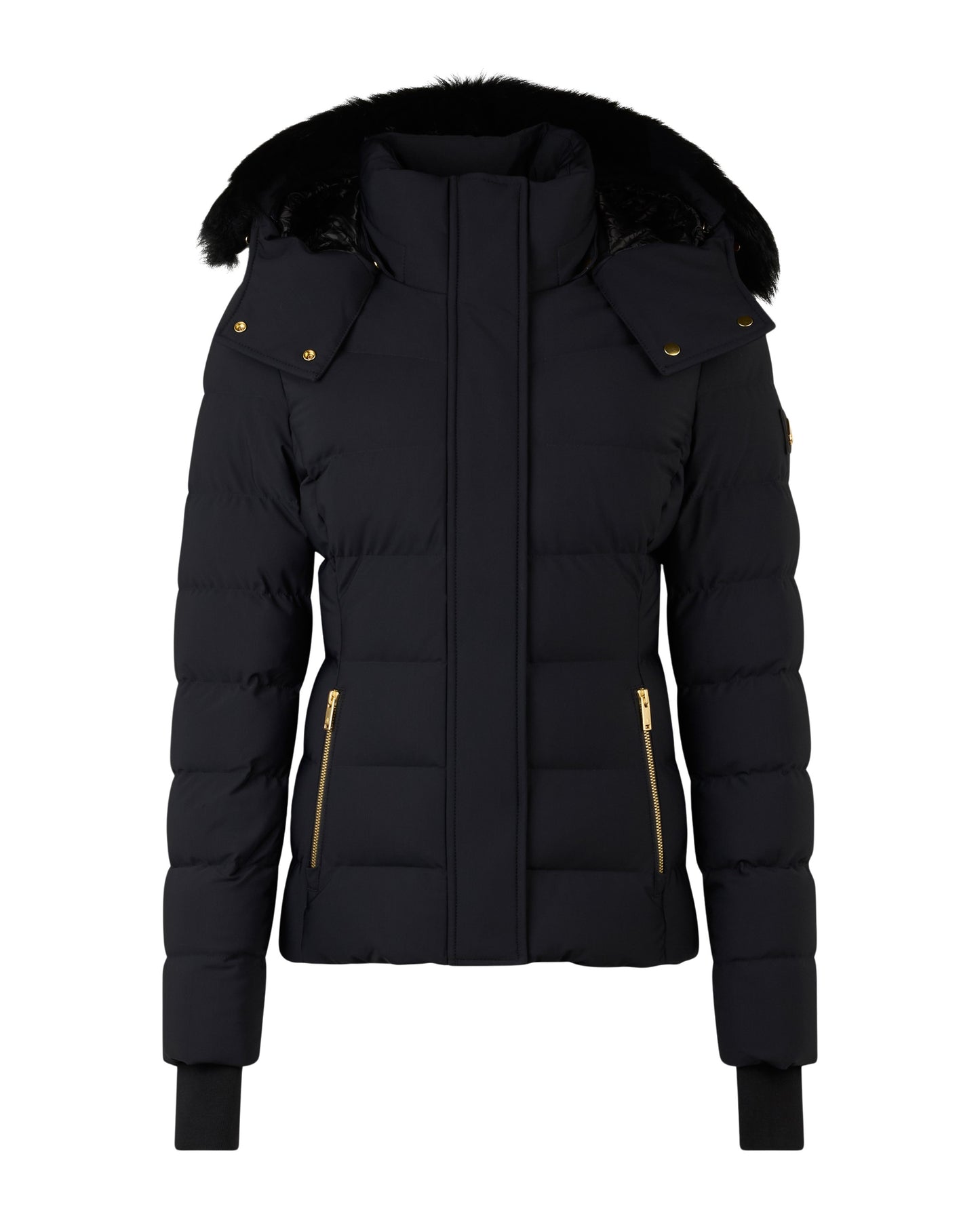 Black puffer jacket with a fur-trimmed hood and gold zippers.
