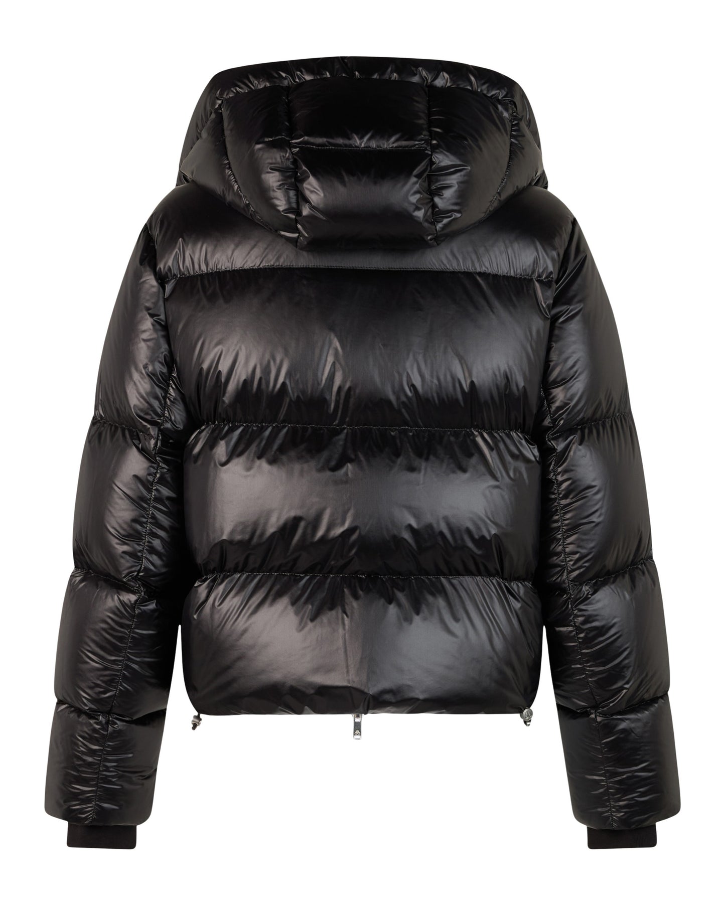 Black hooded puffer jacket, rear view.