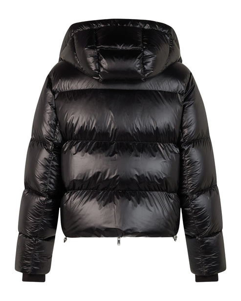 Black hooded puffer jacket, rear view.