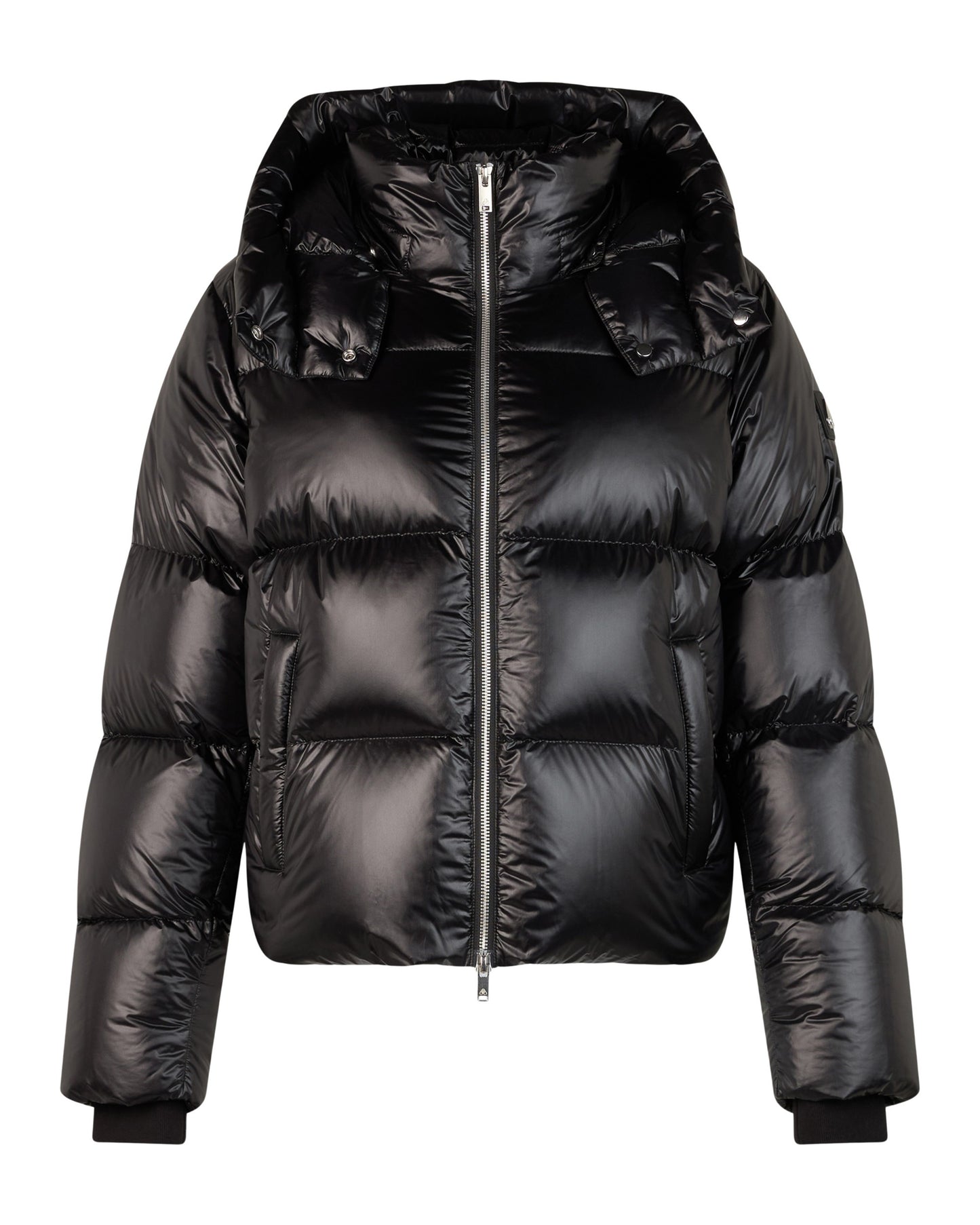 Padded black puffer jacket with hood and zipper closure.