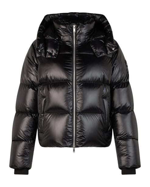 Padded black puffer jacket with hood and zipper closure.