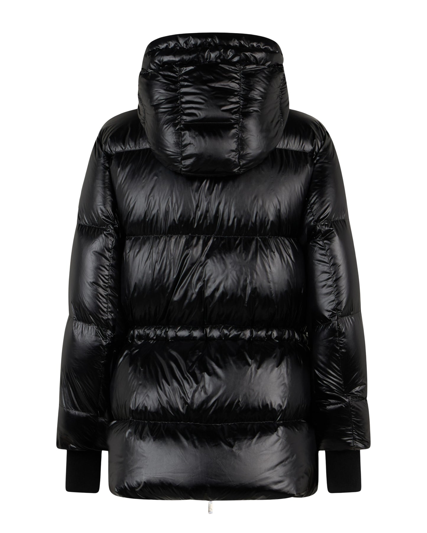 Back view of a shiny black puffer jacket with an attached hood.