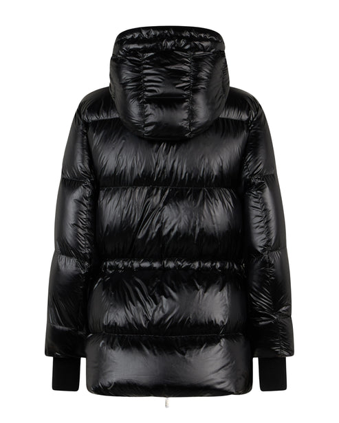 Back view of a shiny black puffer jacket with an attached hood.