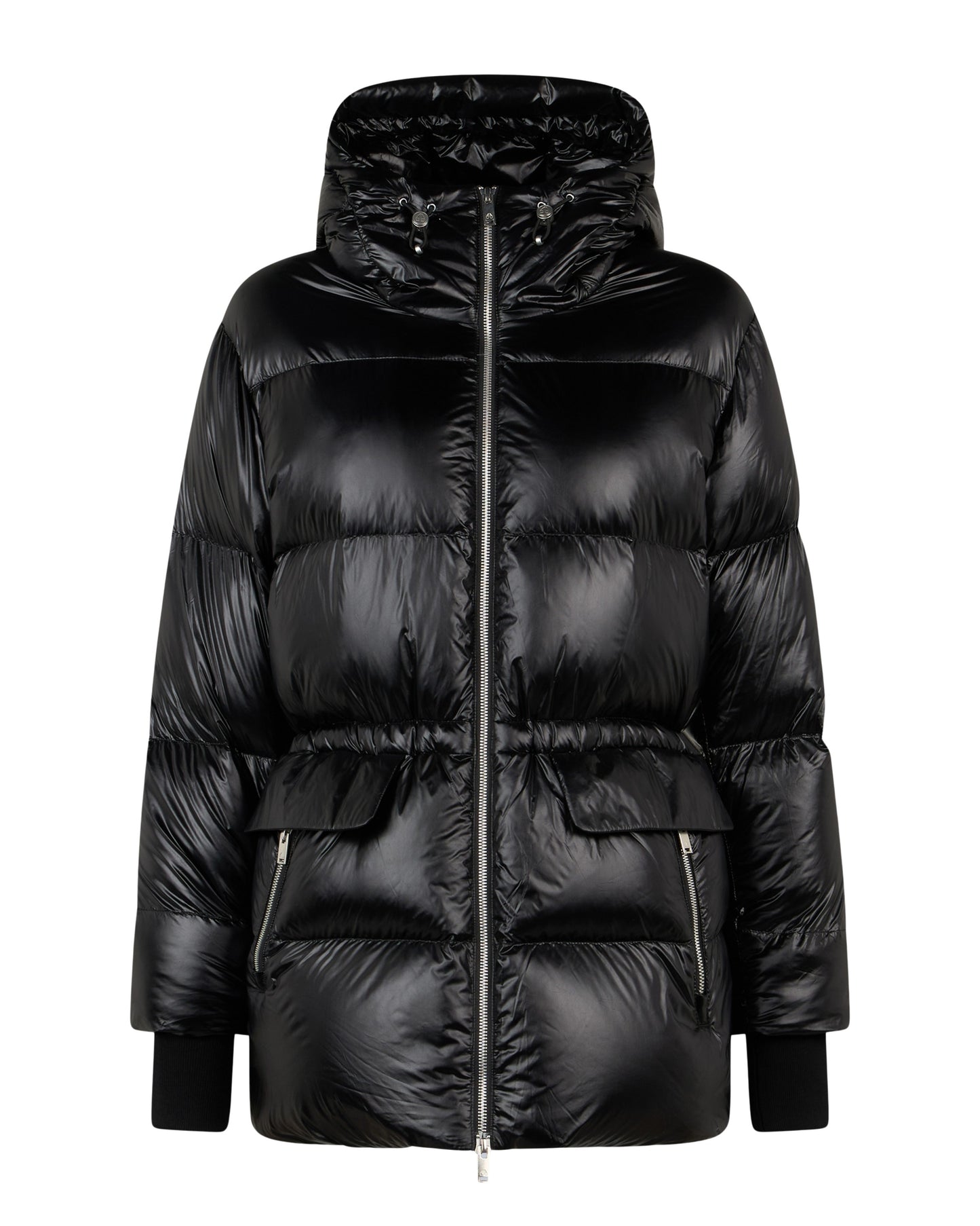 Shiny black puffer jacket with a high collar, hood, drawstring waist, and silver zipper.