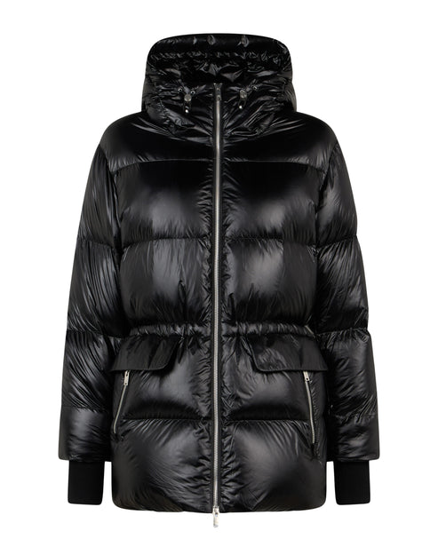 Shiny black puffer jacket with a high collar, hood, drawstring waist, and silver zipper.