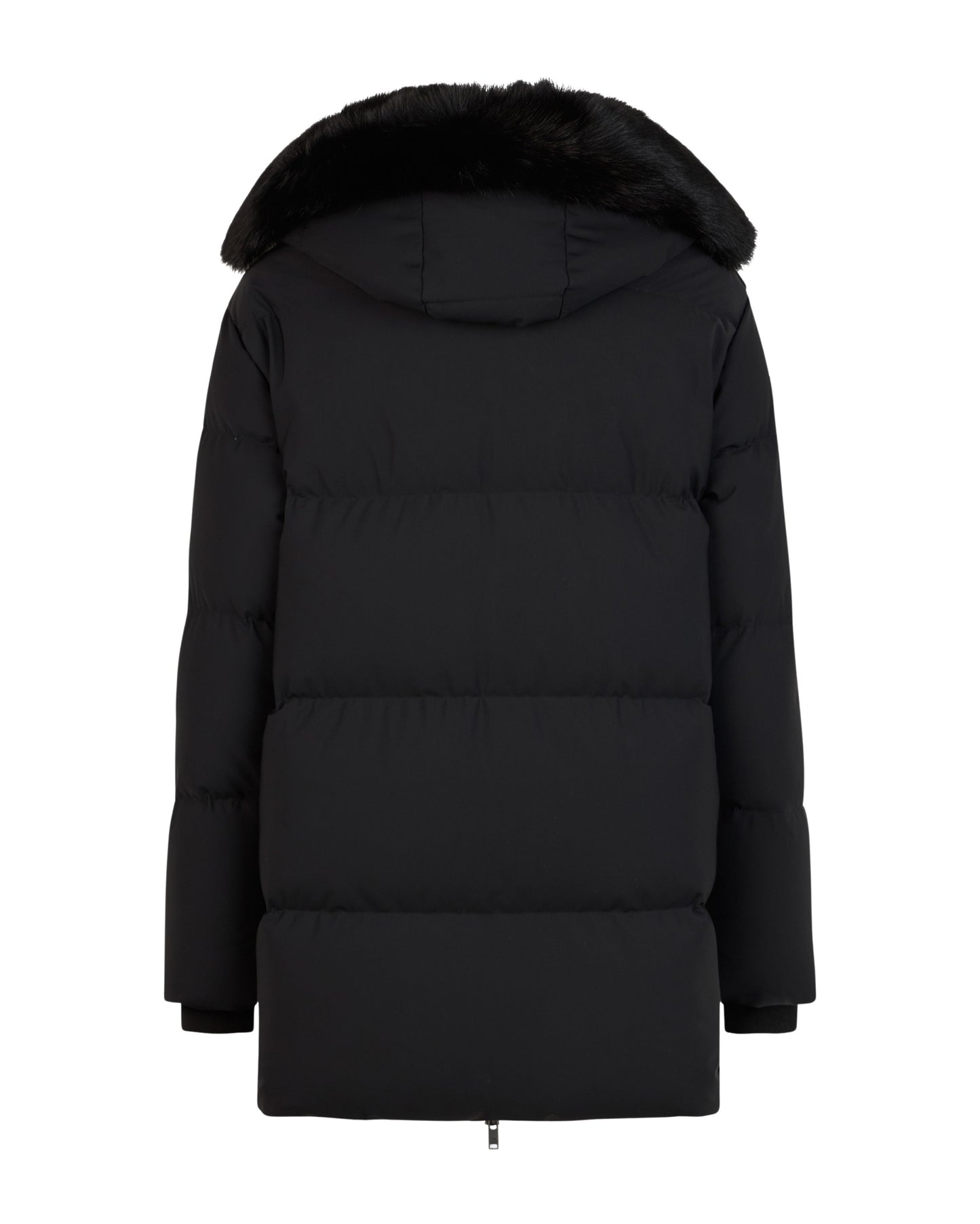 Back view of a long, black, puffer jacket with a fur-lined hood.