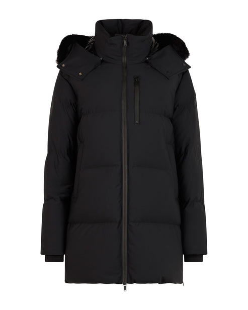 Black mid-length puffer coat with a hood lined with faux fur, and a zippered front.