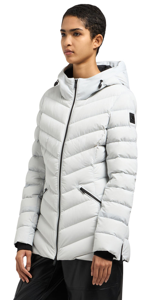 A light gray down jacket with a hood and angled stitched baffles.