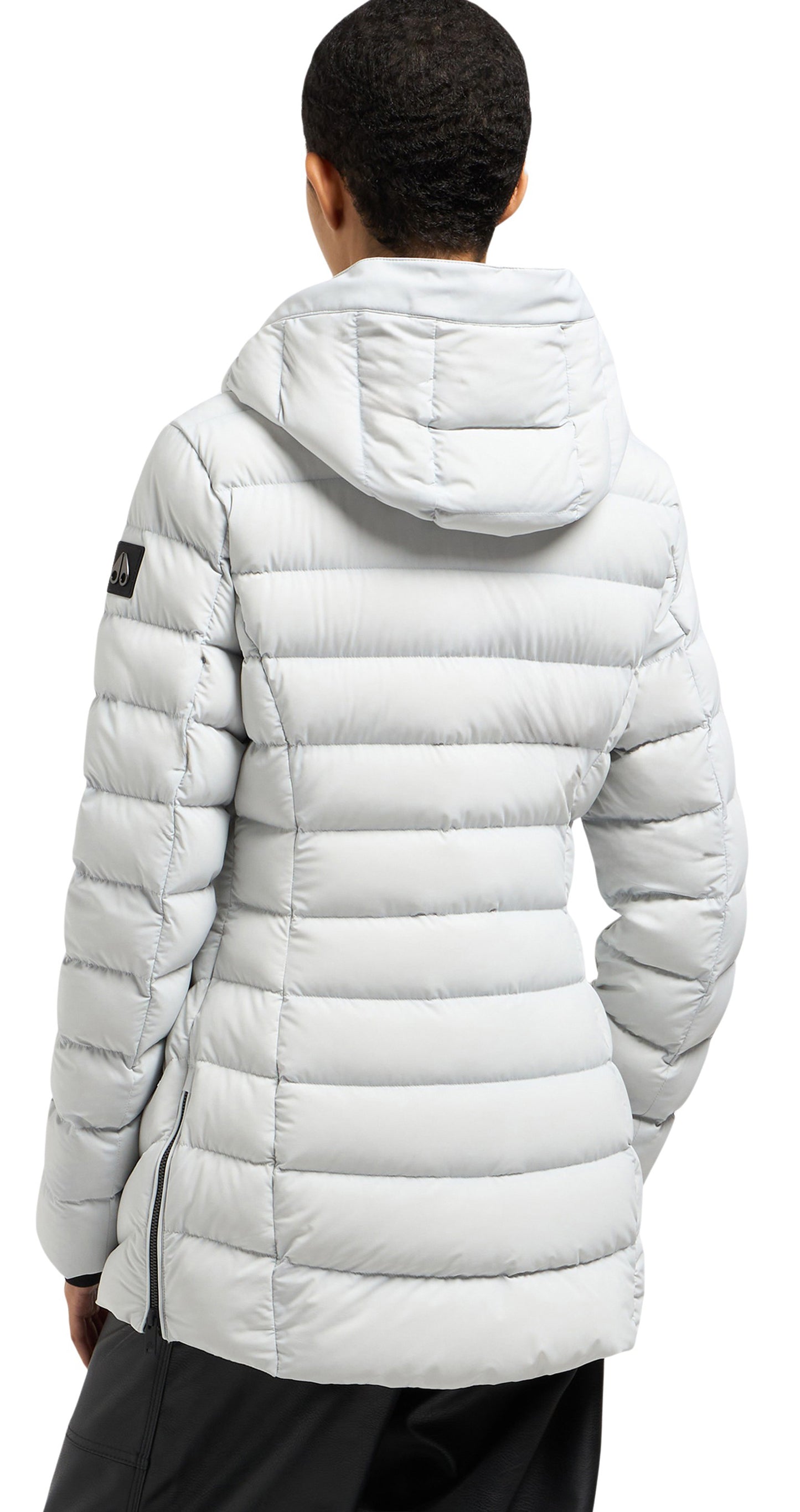 A silver down jacket with a hood.