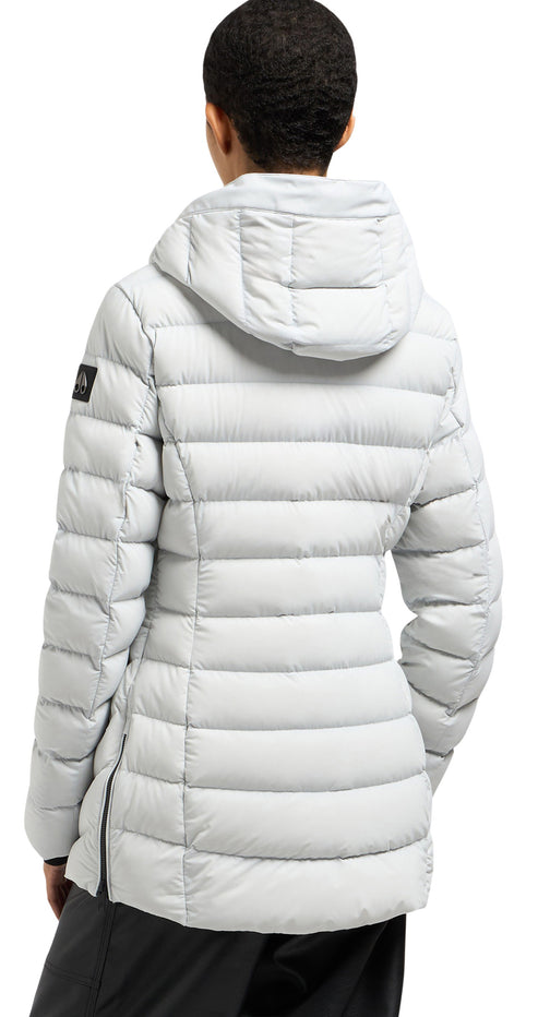 A silver down jacket with a hood.