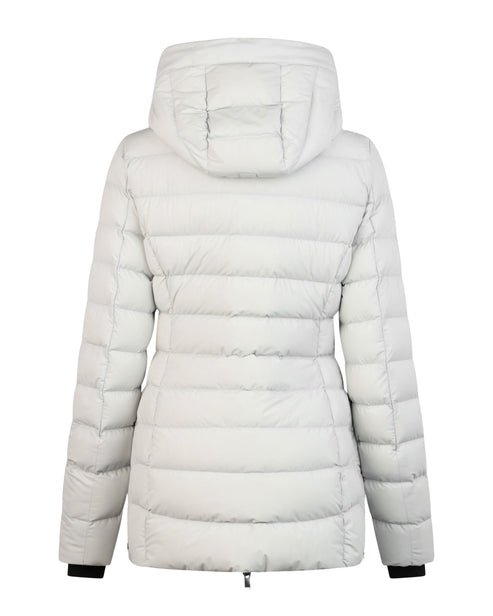 Back view of a light gray puffer coat with an attached hood and horizontal quilting.