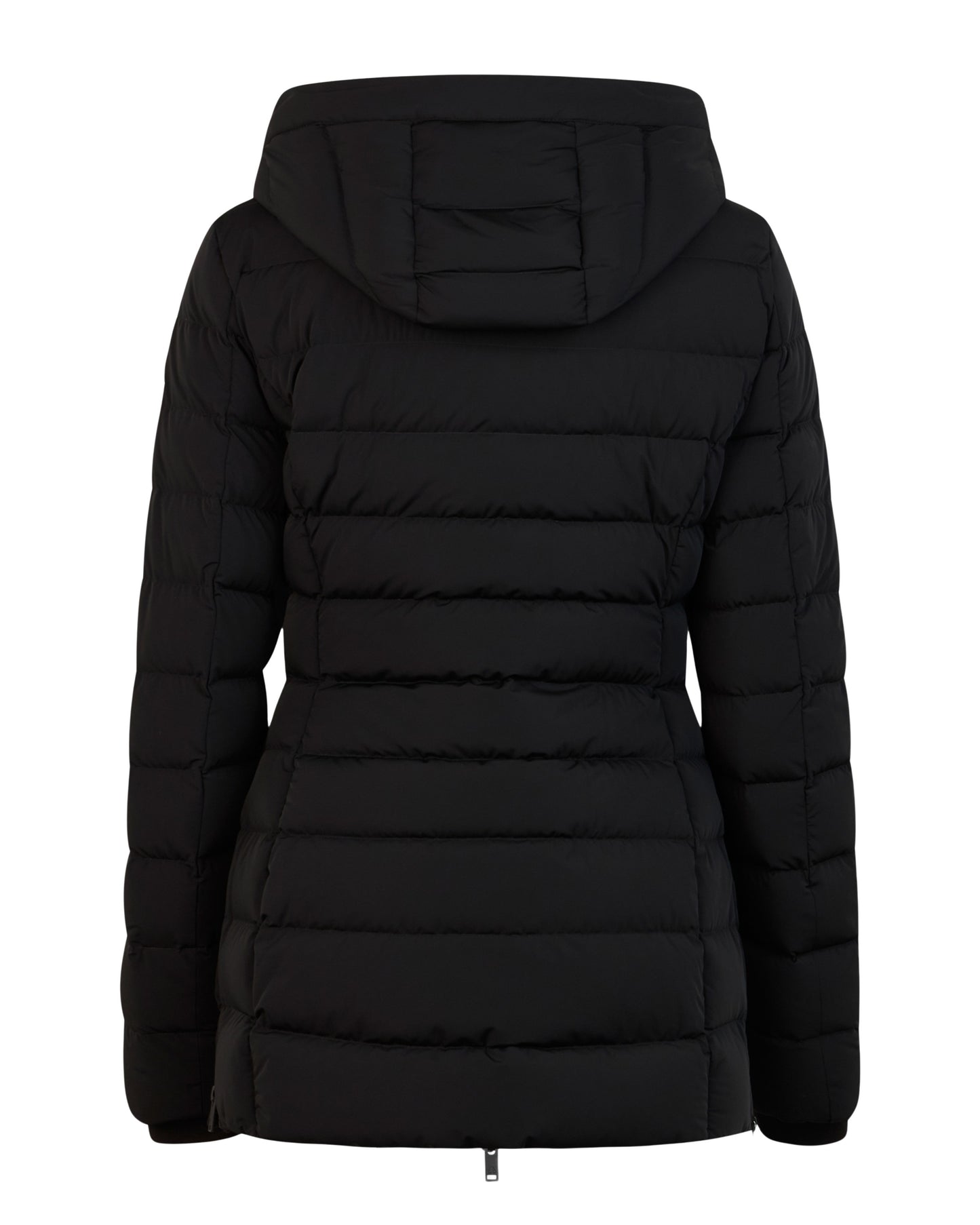 Black puffer jacket with hood.