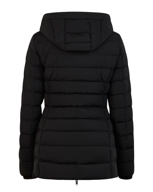 Black puffer jacket with hood.
