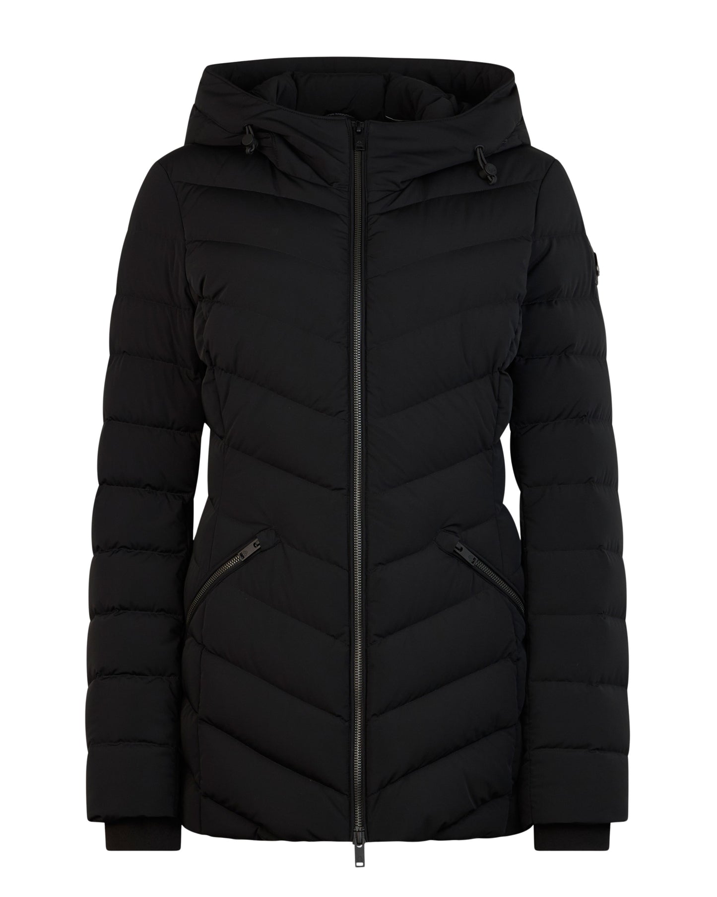 Black puffer coat with a hood and front zipper.