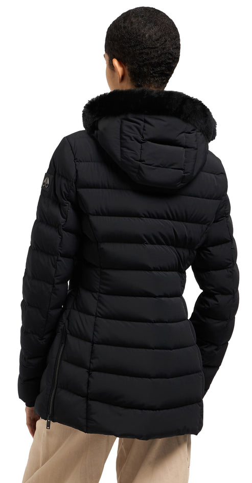 Back view of a black, quilted puffer coat with a fur-trimmed hood.