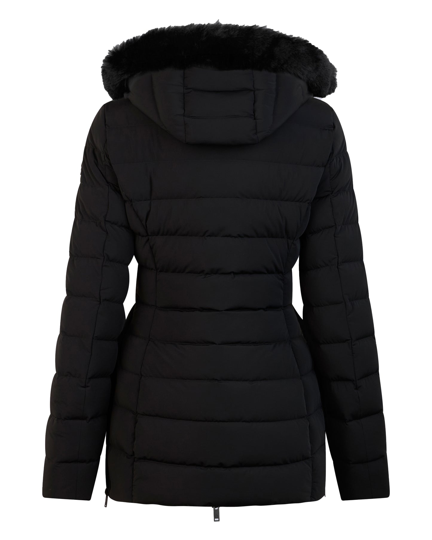 Back view of a black, waist-length puffer jacket with a fur-trimmed hood.