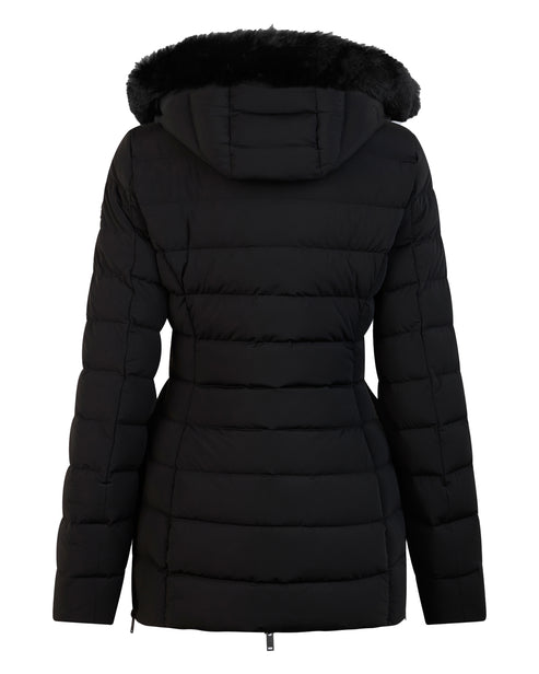 Back view of a black, waist-length puffer jacket with a fur-trimmed hood.