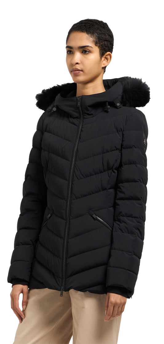 A black down jacket with a fur-trimmed hood, worn by a person.