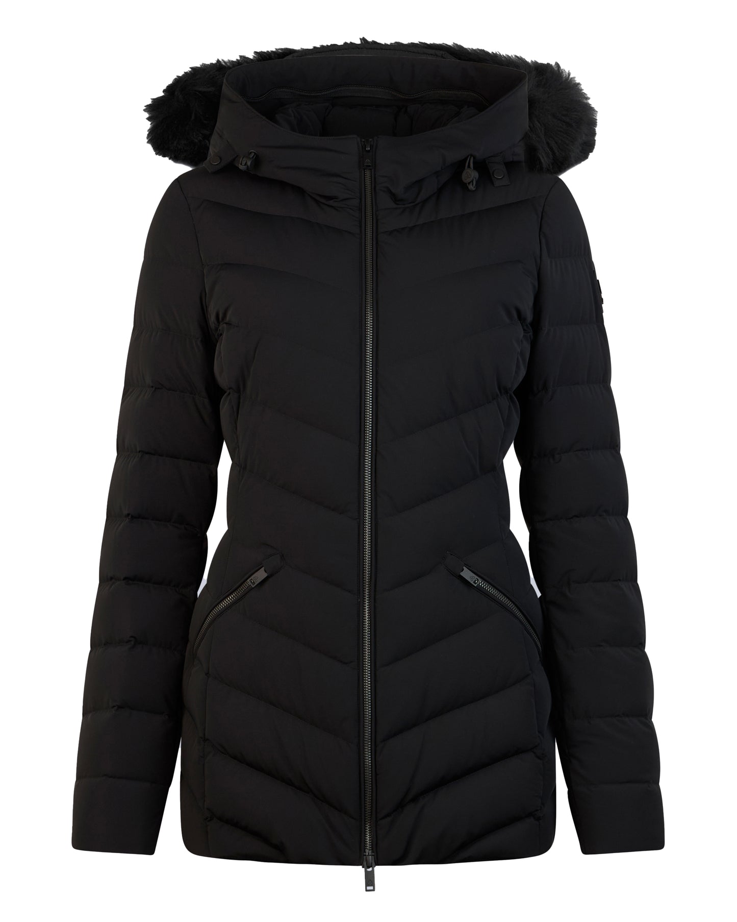 Black down jacket with hood and fur trim, zip closure, and angled quilted pattern.