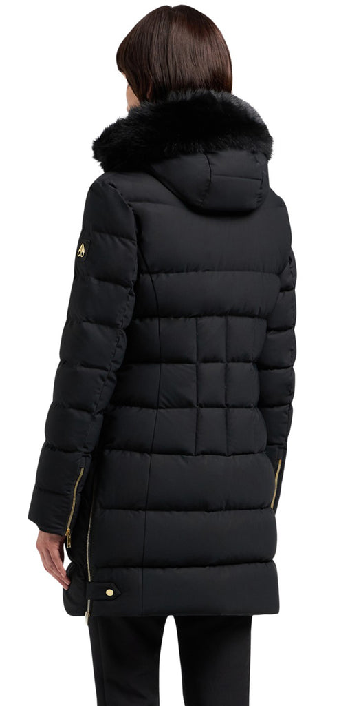 A black puffer coat with a fur-trimmed hood.