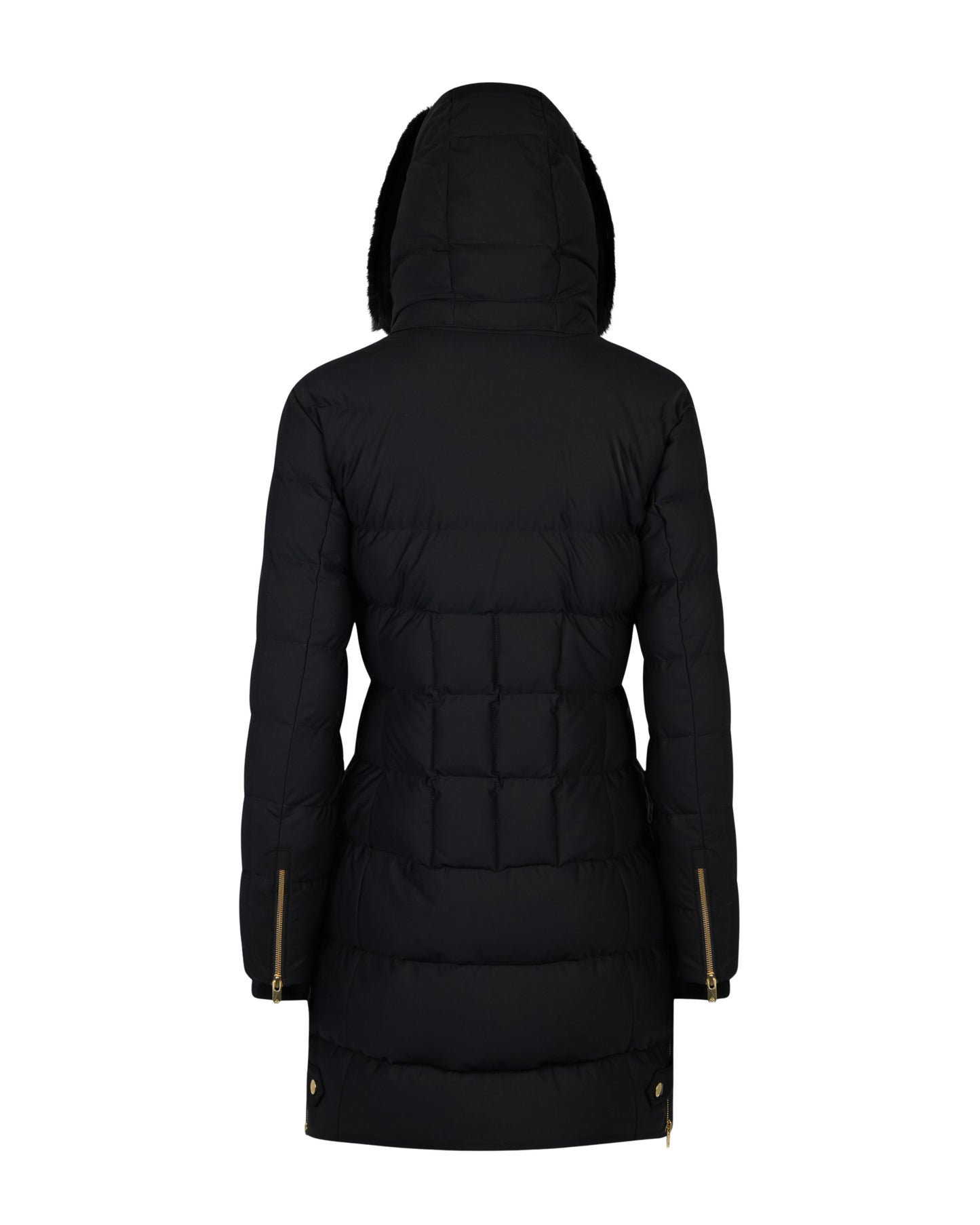 Back view of long black puffer coat with hood.