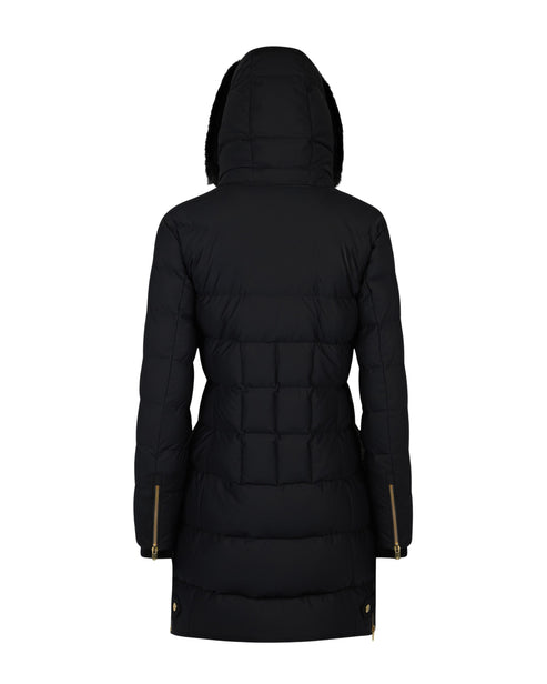 Back view of long black puffer coat with hood.