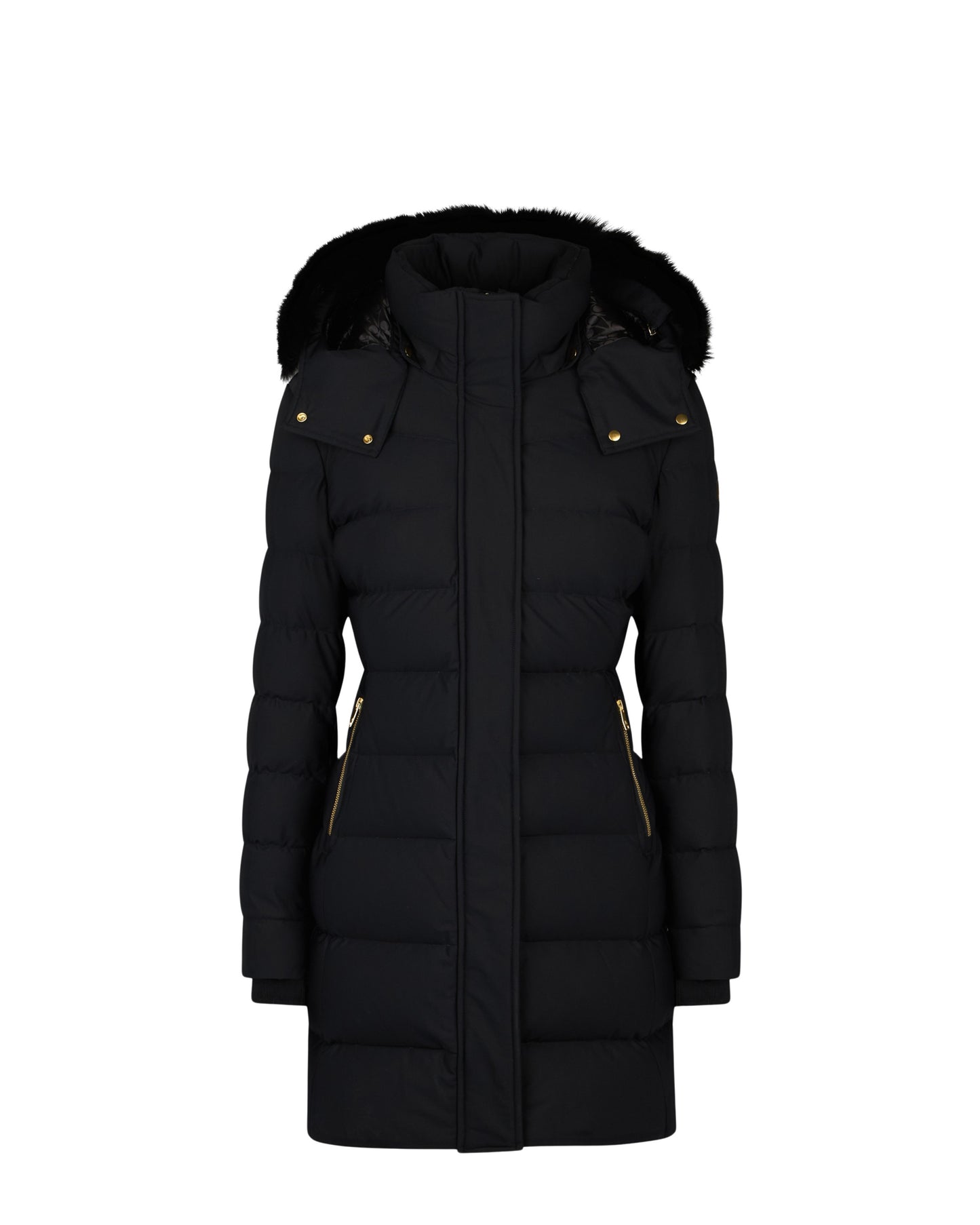 Black down coat with fur-trimmed hood.