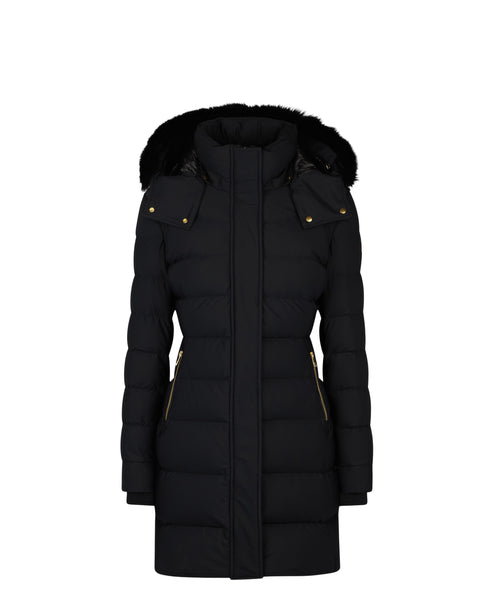 Black down coat with fur-trimmed hood.