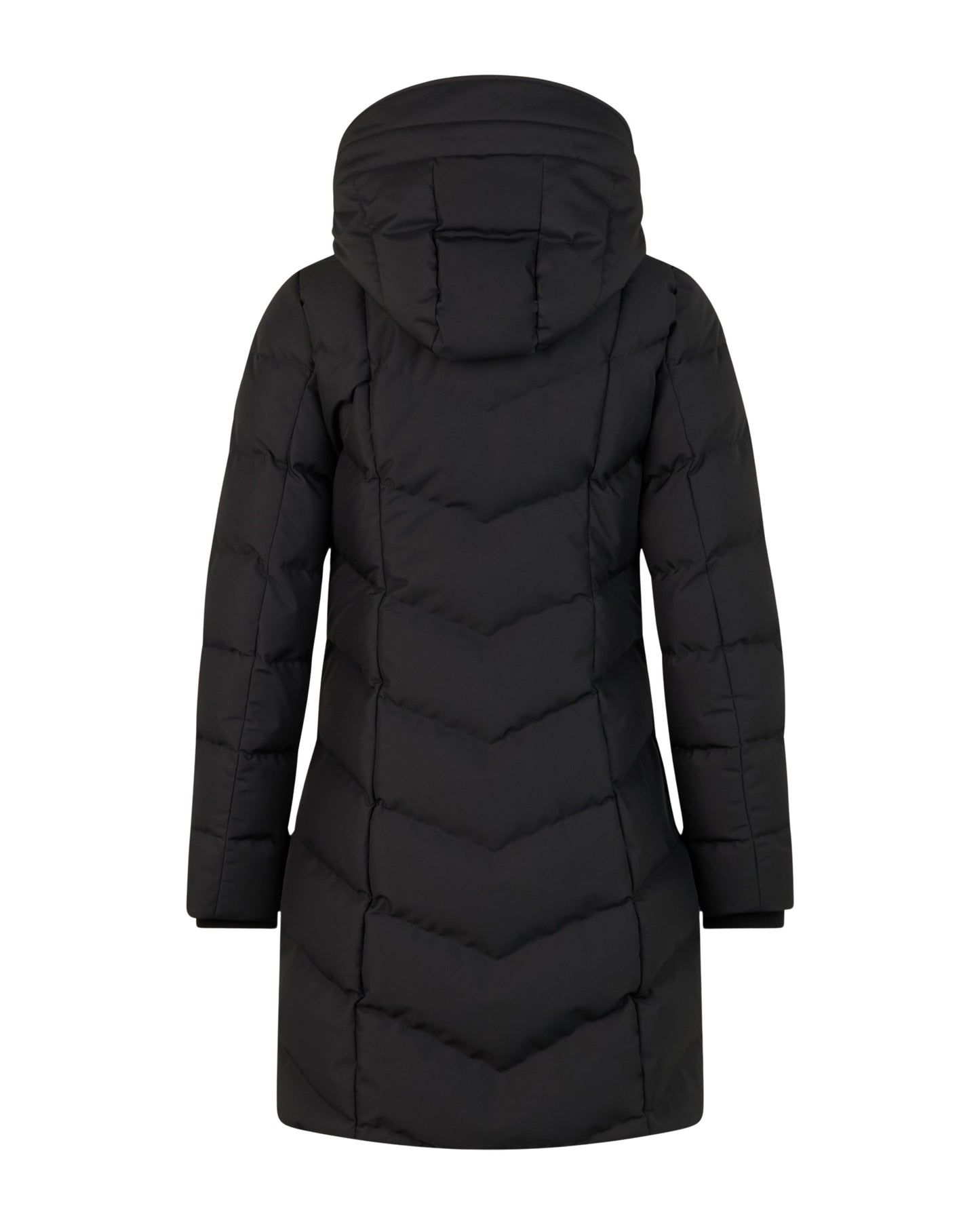 Back view of a knee-length black down coat with hood.