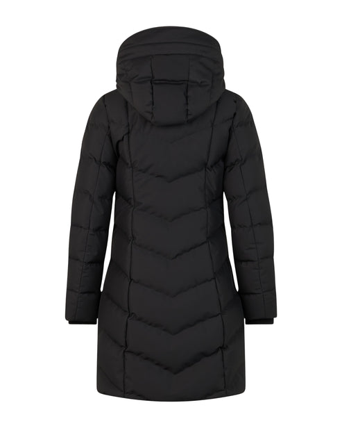 Back view of a knee-length black down coat with hood.