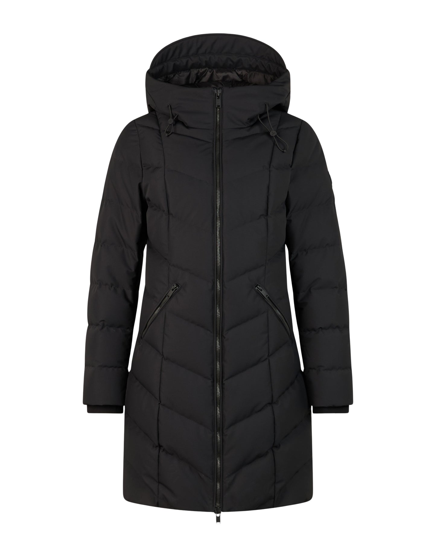 Black quilted down coat with a hood and a zippered closure.