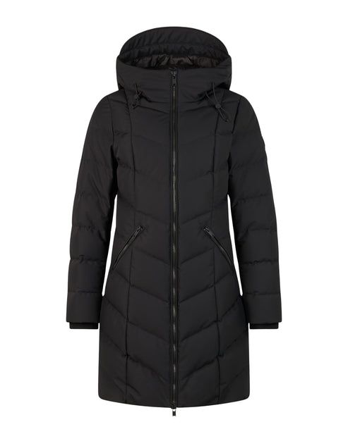 Black quilted down coat with a hood and a zippered closure.