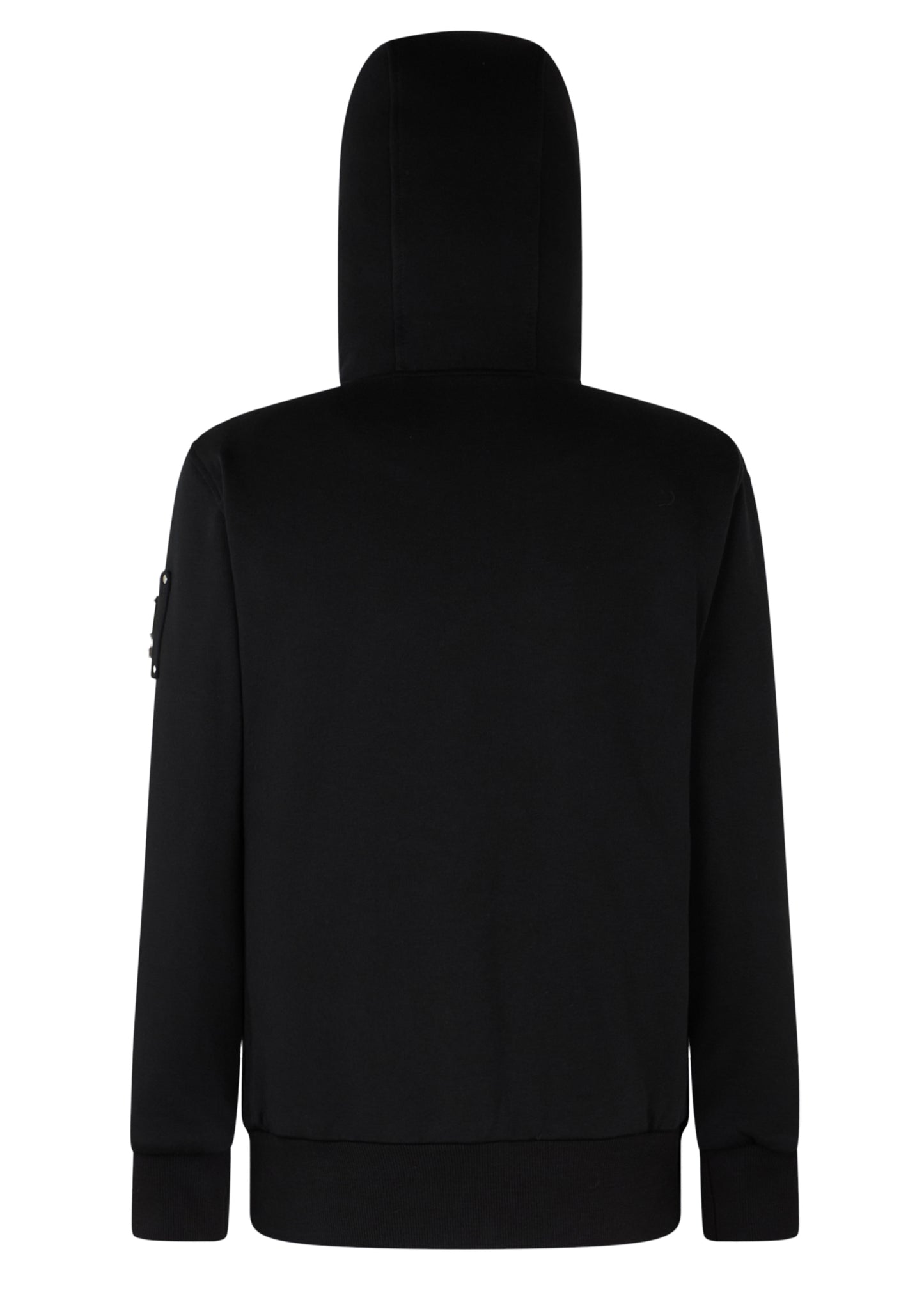 Back view of a black hooded sweatshirt with long sleeves.